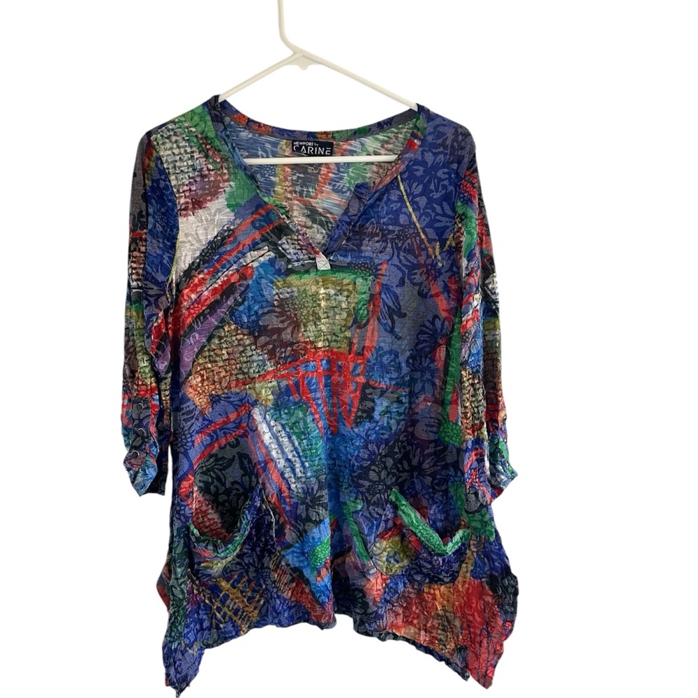 Blue‎ Green Asymmetrical Graphic Blouse